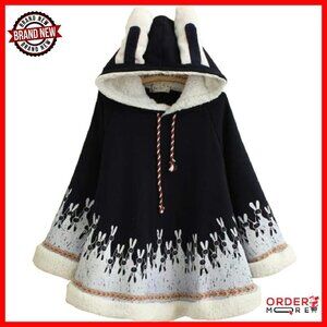 Fleece Hooded Poncho Coat with Bunny Ears, Warm Winter Cape